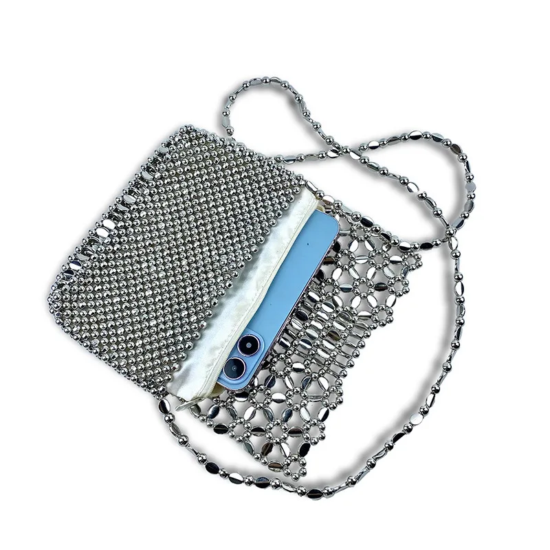 Hollow Out Design Metal Silver Acrylic Flower Beaded Crossbody Bag Women Hand-woven Small Evening Bag Dinner Party Clutch Purse