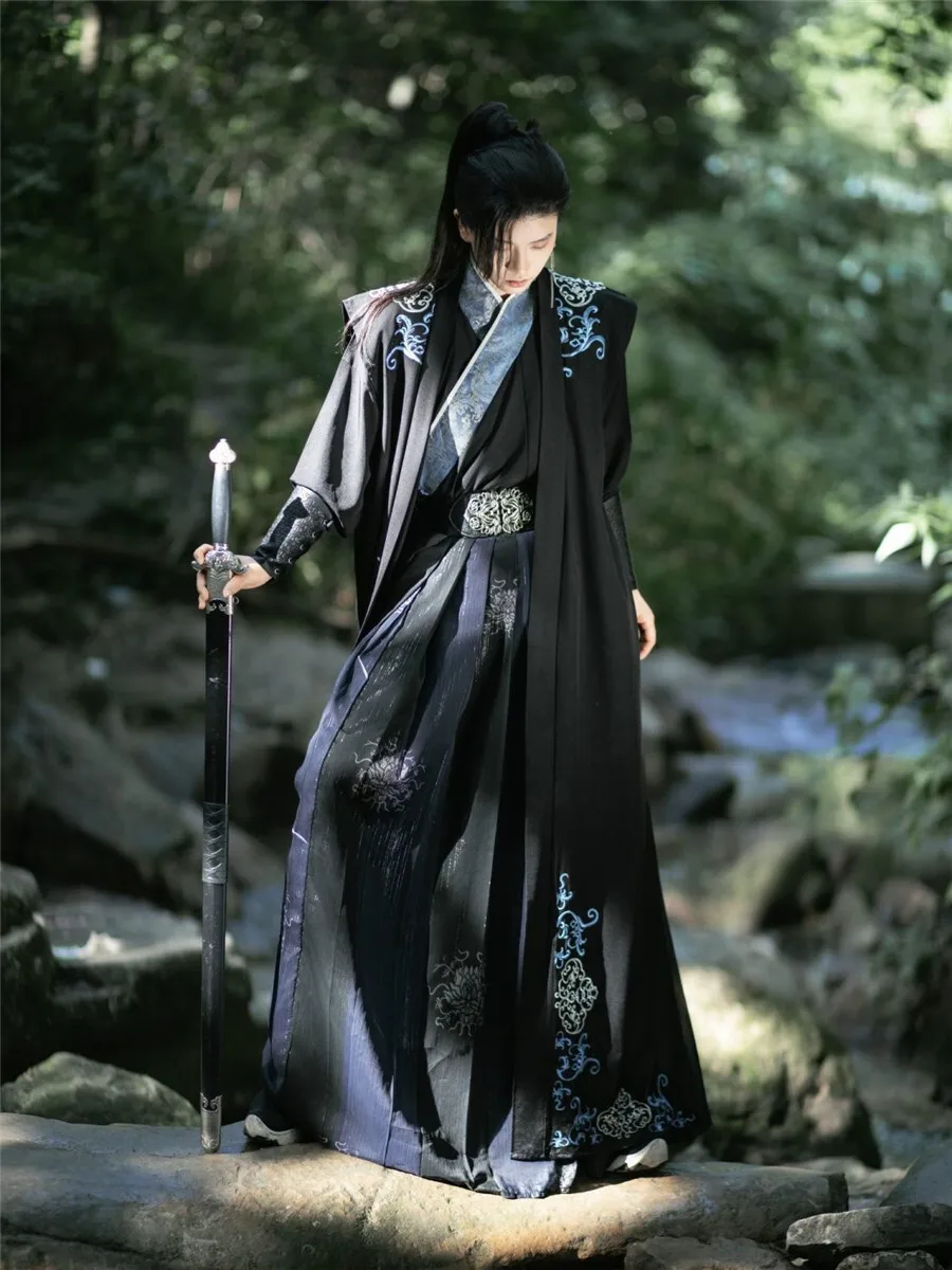 

Hanfu Traditional Chinese Song Dynasty Costume Stylish Night Swordsman Cosplay Clothing Halloween Outfit Men's Dark Black Sewed