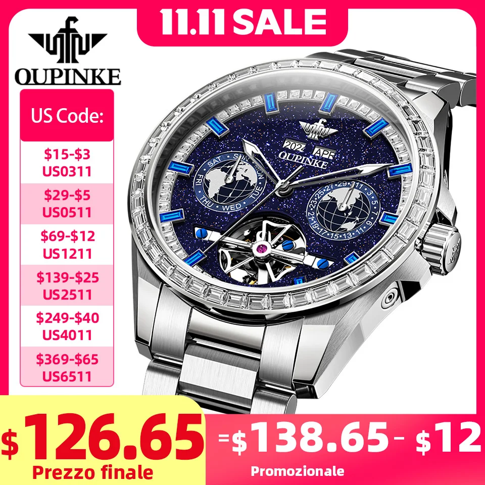 

OUPINKE Men's Watch Luxury high-end Automatic Mechanical Wristwatch Hollow Dial Waterproof Luminous Date Brand Watch Gift Clock