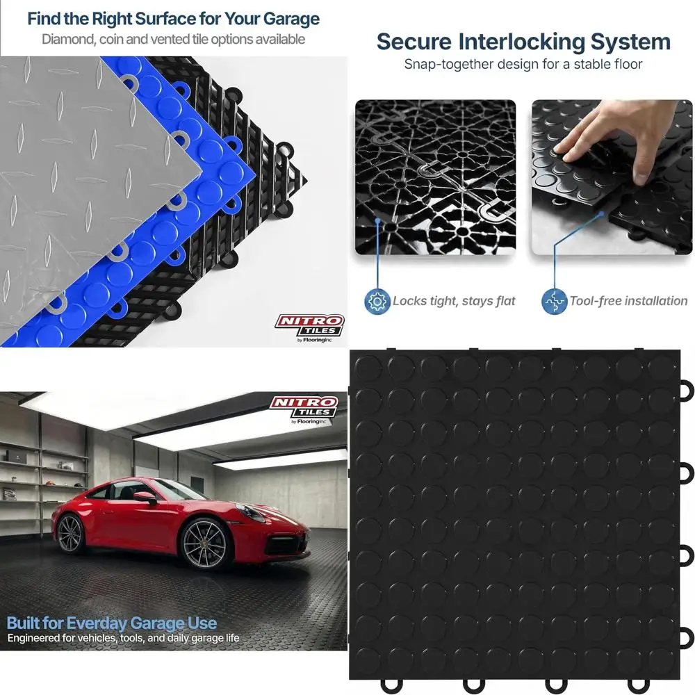 

12 x 12 Heavy-Duty Interlocking Garage Floor Tiles, Coin Pattern, Non-Slip, Black, 24 Tiles, 24 Sq/ft