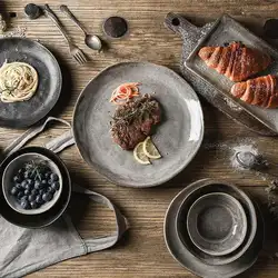 Japanese Ceramic Dinner Plate Rice Bowl Food Tray  Retro Gray Tableware Porcelain Fruit Salad Sushi Serving Plate Dinnerware