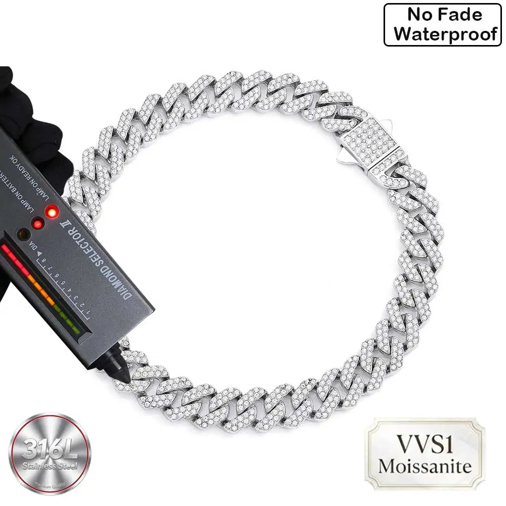 ESKEEM HIPHOP 8MM Width Moissanite Cuban Bracelet Stainless Steel 2 Rows VVS1 Cuban Chain for Men Women with Certificate