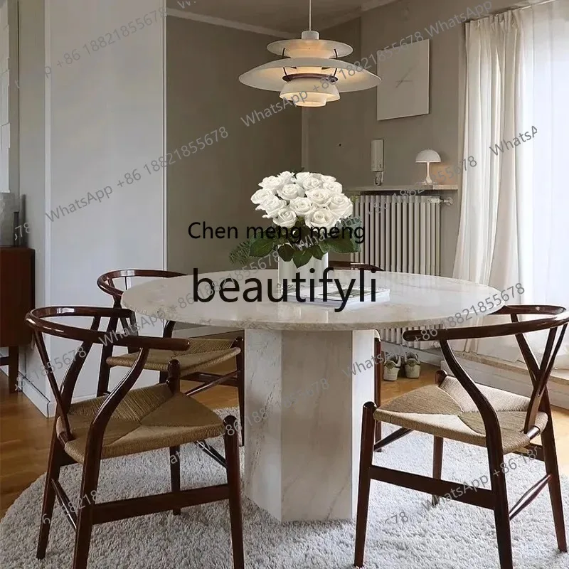 

S7486 ss Natural Travertine Round Dining Table Home Dining Table Modern Simple Ins Cream Style Rock Plate Small Round Table