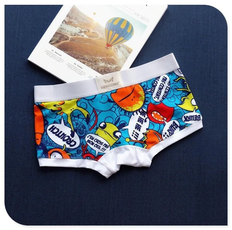 Men\'s Fashion Trunks Youth Cute Cartoon Printed Bulge Pouch Boxer Shorts Skin Friendly Cotton Breathable Man Low Waisted Panties