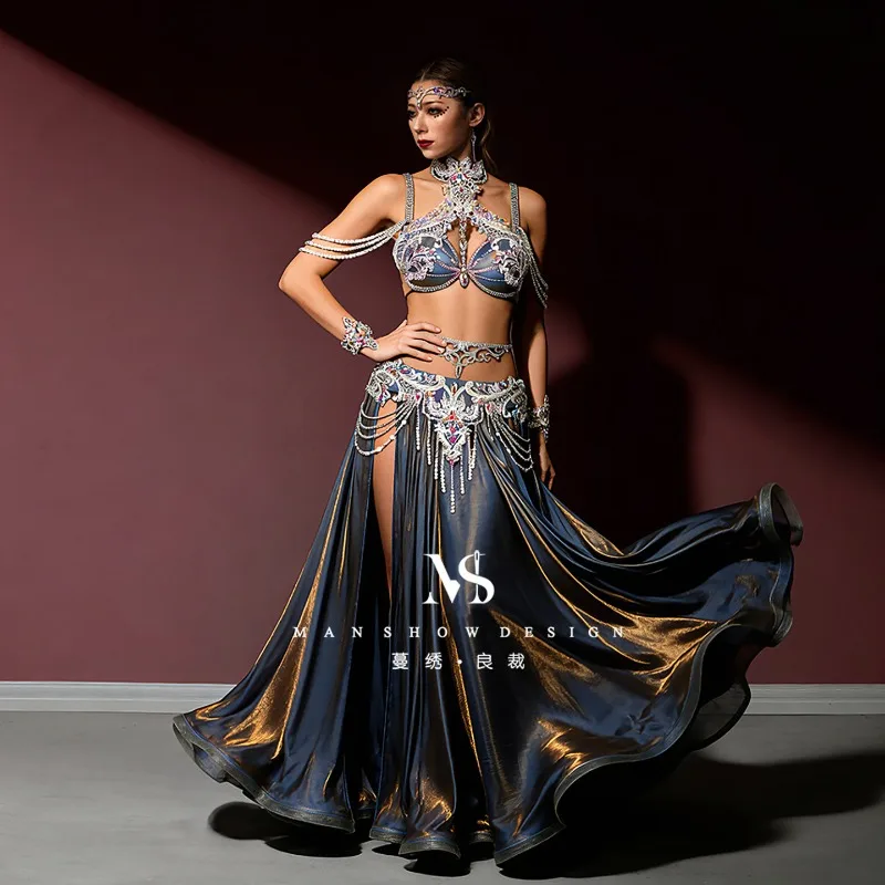 Customized Belly Dance Performance Costume Colorful Tassel Big Skirt Chest Wrapped Necklace Waist Chain Bracelet Rhinestone