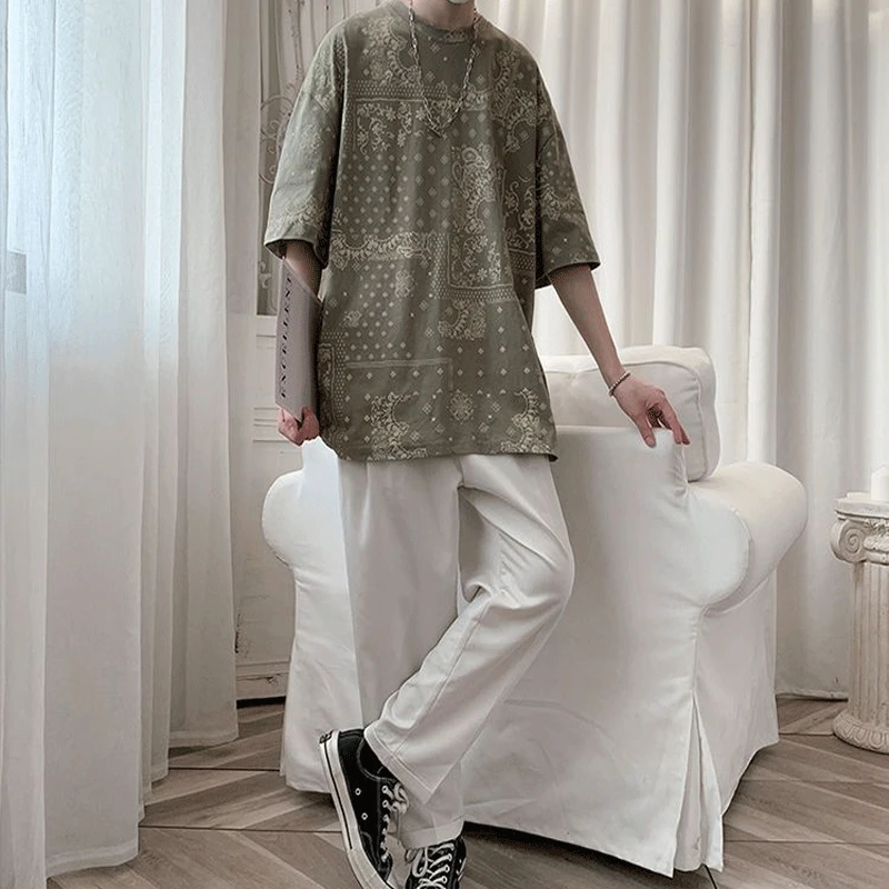 2023 Summer Loose Oversized Men\'s Clothing Trend Handsome Korean Version Fashion Printed Short Sleeve Round Neck Casual T-shirt