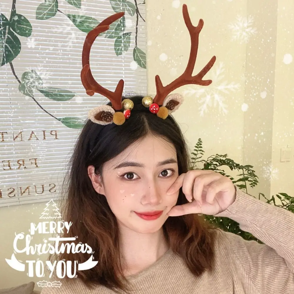 

Funny Bell Christmas Headband Bowknot Plush Ball Antlers Headband Party New Year Deer Horn Hair Band Female
