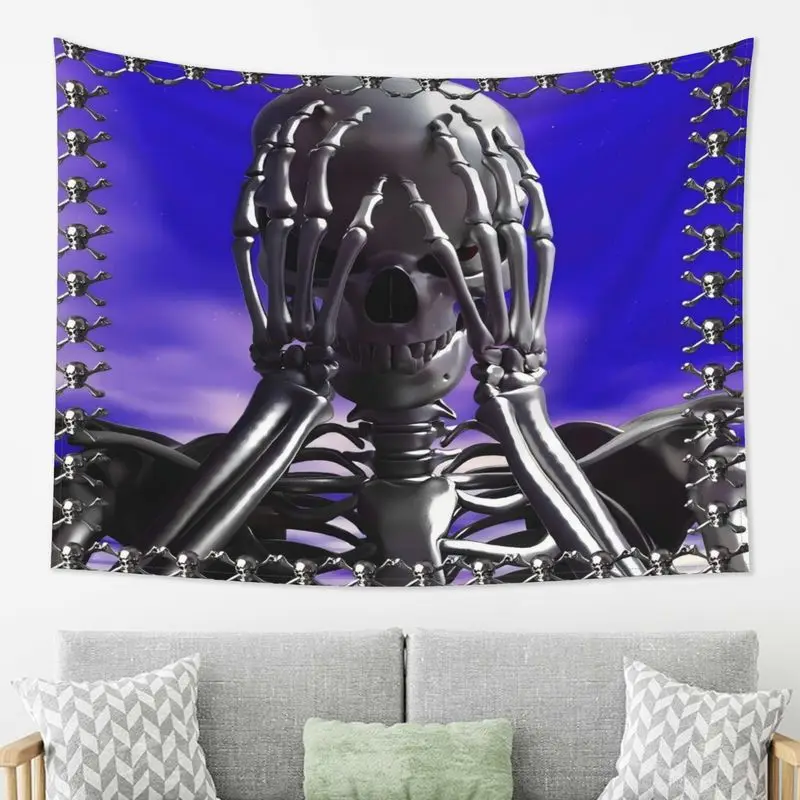 VIKAMA Y2K Gothic Skeleton Tapestry Metal Skull Chain Frame Wall Hanging Dark Cool Aesthetic Dorm Bedroom Man Cave Wall Decor