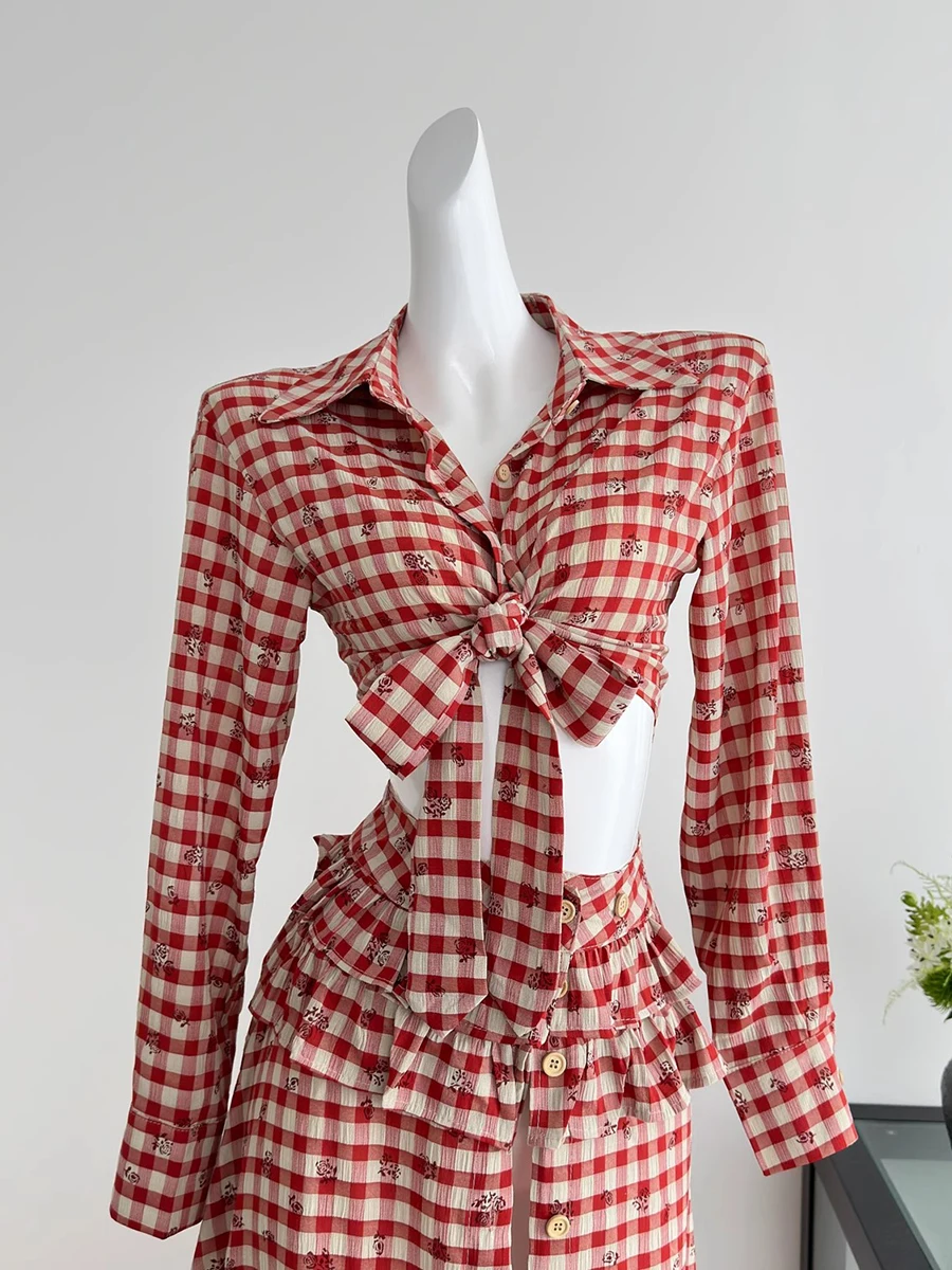 ReddaChic レトロチェック柄トップススカート レディース マッチングセット 長袖ツイストフロントブラウストップス スリットロングラッフルスカート サマー服