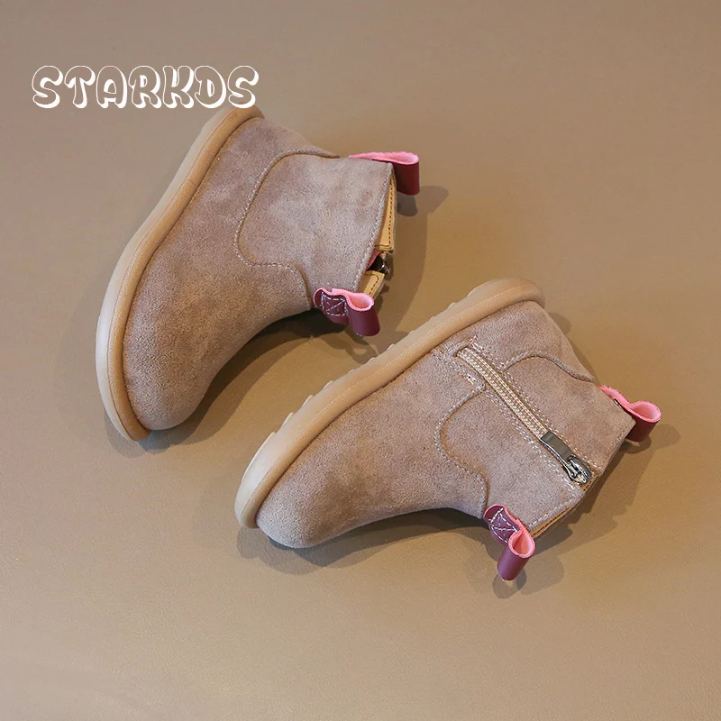 Botas cortas cálidas de felpa para bebés y niños pequeños, botines planos con cremallera lateral, zapatos informales de invierno