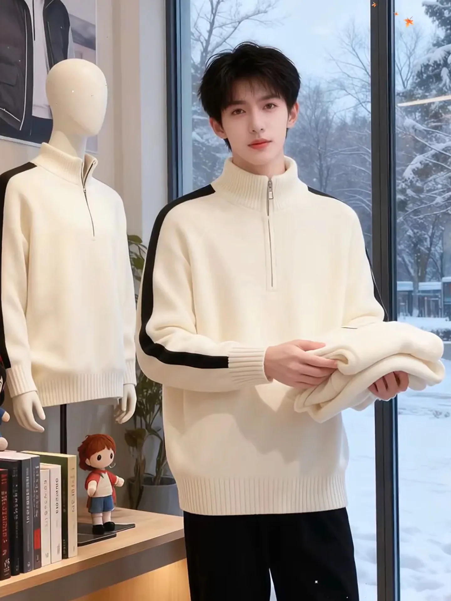 

Zipped Fce Lined f High Ne Men's Knitwear Striped Warmth Outerwear Spring Regular Sve Long Zipper Cleanfit Sle