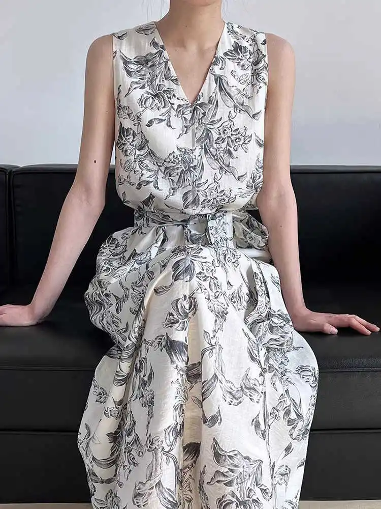 فستان نسائي عتيق من Clothland ميدي مزين بالزهور ورقبة على شكل V وشاحات مستقيمة قطعة واحدة فساتين صيفية كلاسيكية لمنتصف العجل فيستدو QD984