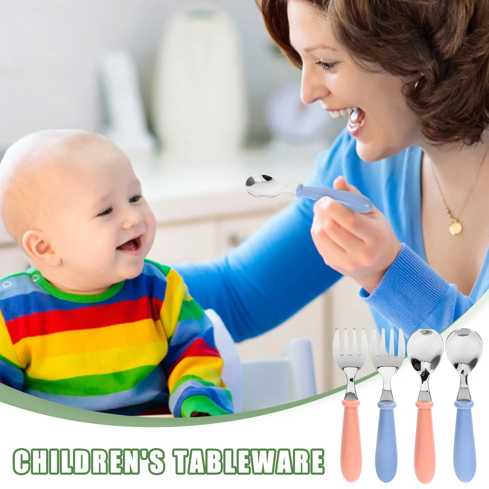 

4pcs Children Spoon Fork Kids Cutlery Toddler Silverware Baby Feeding Eating Utensils 304 Stainless Steel ABS