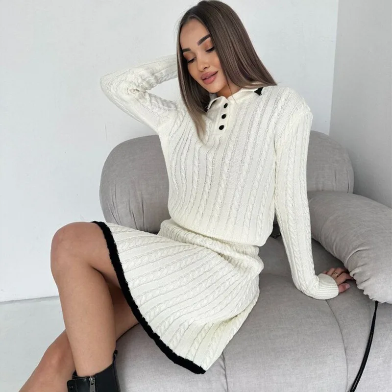 Solid Color Knitted Skirts Two Piece Set Women Long Sleeve Lapel Buttons Knitting Sweater Short Skirt 2 Piece Sets Streetwear