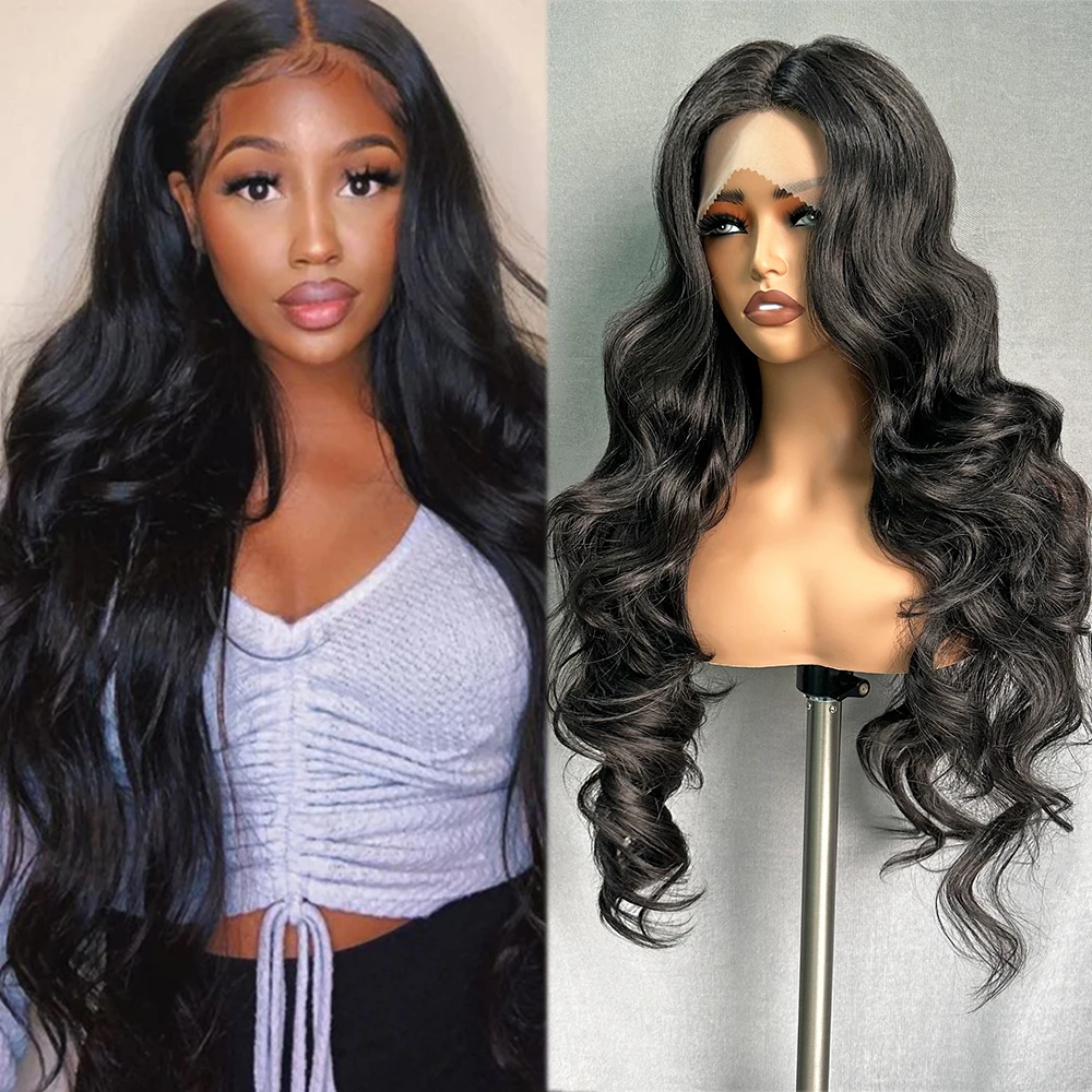 

X-TRESS Black Colored Long Wavy Hair 28" Synthetic Wigs for Black Women Middle Part Lace Front Wigs Swiss Lace Daily Hairstyle