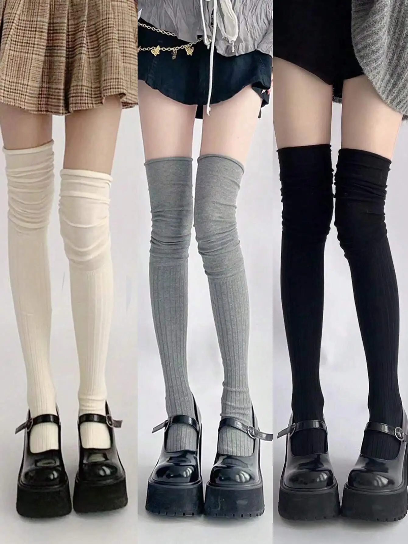 

3 Pairs Y2K Knee-High Socks for Women, Ribbed Stretch Fit, Cream Grey Black, Perfect with Platform Shoes