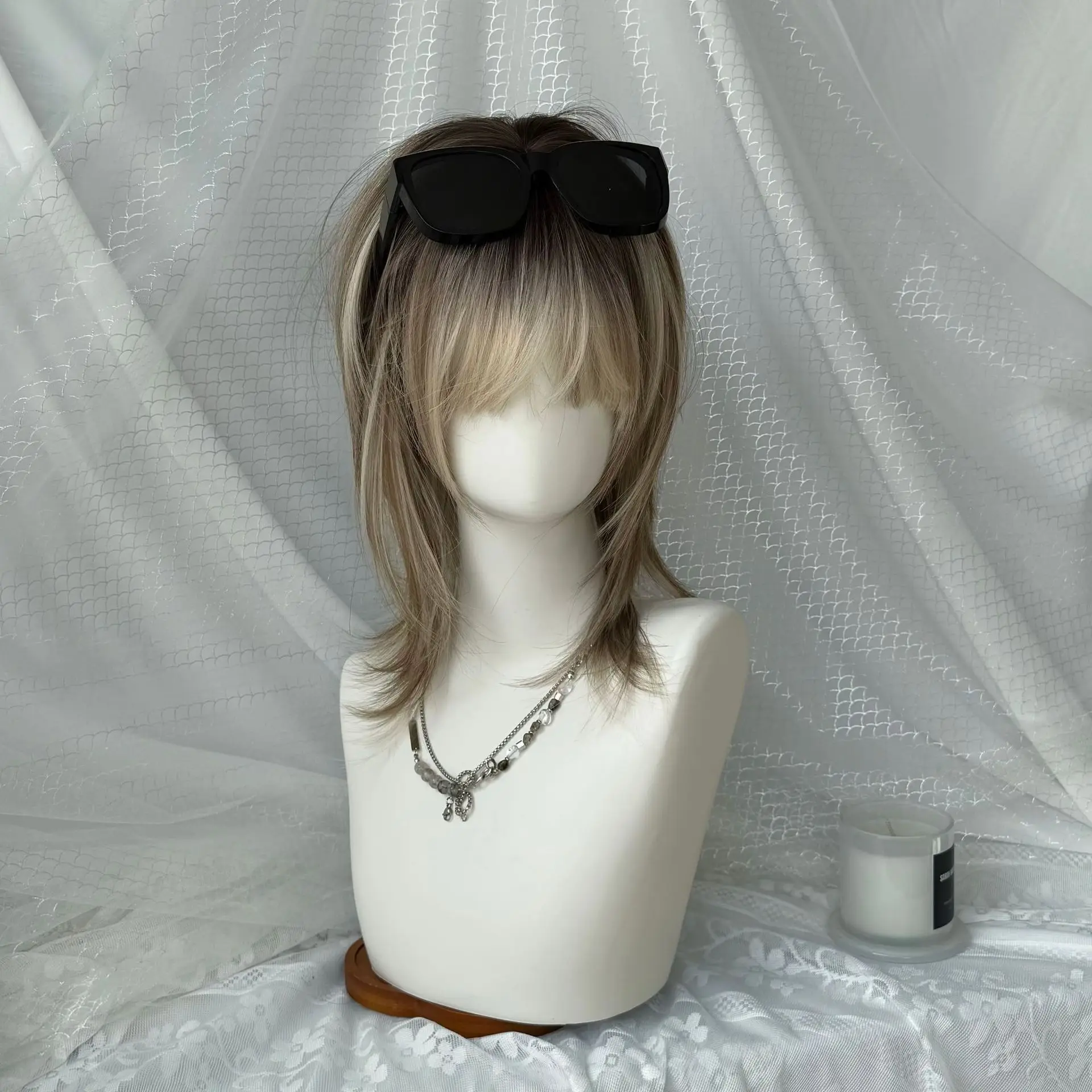 Women's Full Wig, Heat Resistant Synthetic Fiber, Golden Brown Ombre, High Layer Wolf Cut Mullet Wig for Daily Wear & Cosplay