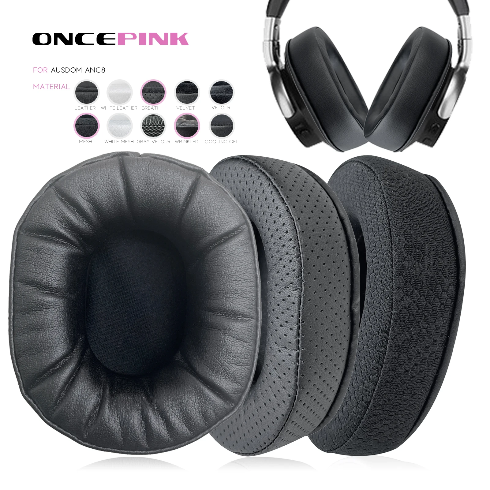 Oncepink Replacement Ear Pads for Ausdom ANC8 Headphone Thicken Cushion Earcups Headband Earmuffs Ear Cover Headbeam