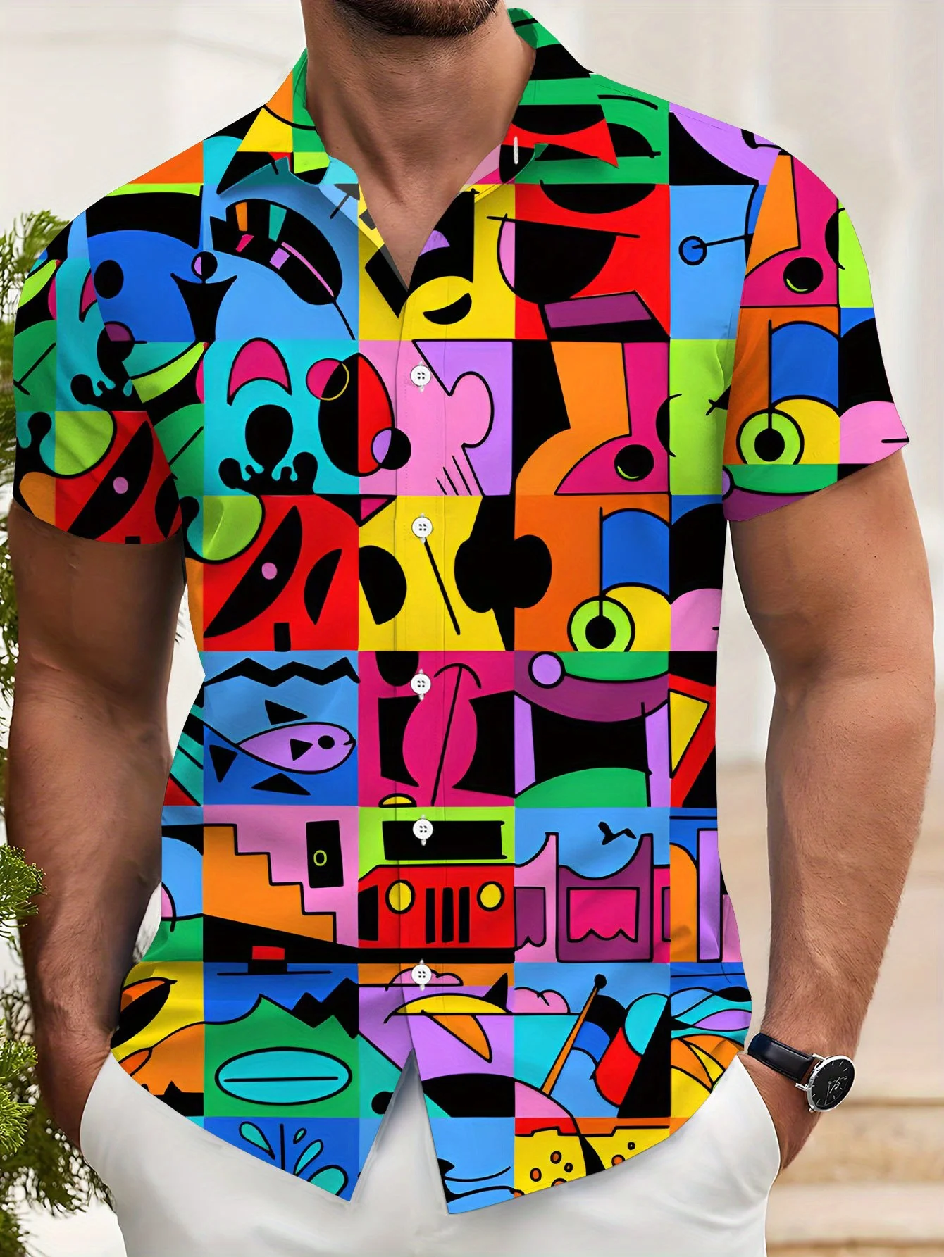 Hawaiian Men's Casual Fashion Short Sleeve Shirt New Pattern Novel Color Bright Color 2025