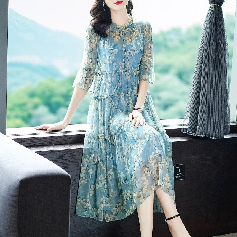

Spring Summer Dresses For Women 2024 100% Mulberry Silk Floral Dress Women Elegant O Neck Long Dress Vestidos Two Piece Set
