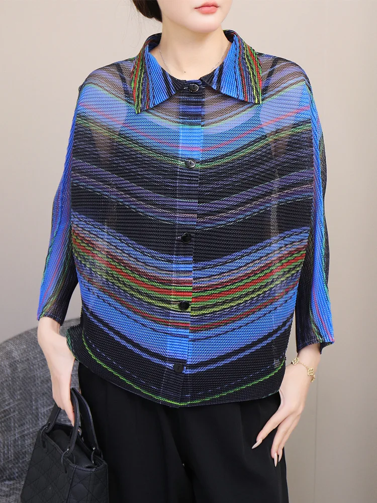

Miyake Mesh Top Cardigan | Single-Breasted Striped | Retro Casual Versatile | Flip collar Air-Conditioning Cardigan #20256015