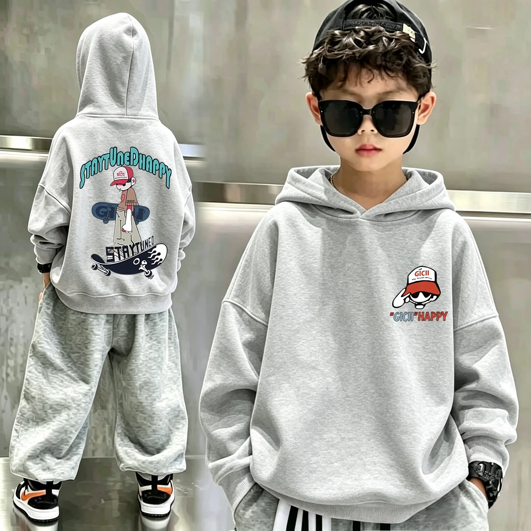 Korean version Skateboarding Boy Cartoon Double-Sided Printed Children's Hooded Sweatshirt, Trendy Sports Long-Sleeved T-shirt