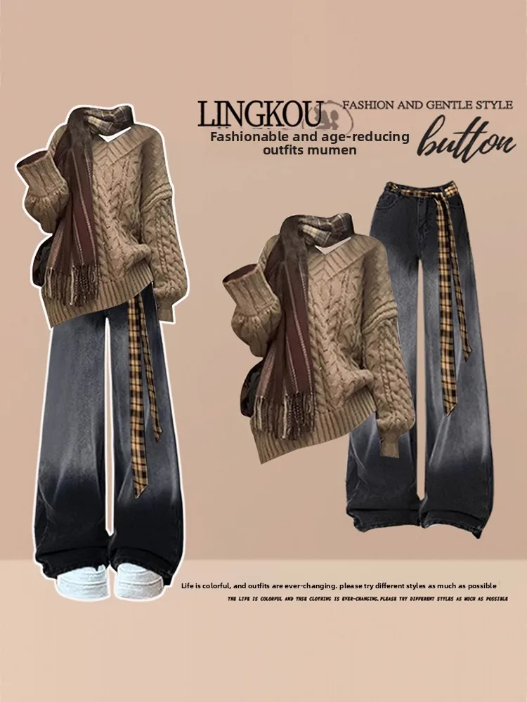 

Anti-Aging Large Size Autumn Knitted Sweater And Retro Slimming Jeans Women's Fashion Set Casual Style V-Neck Long Sleeve