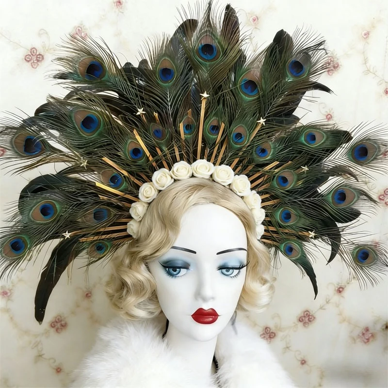 Peacock Feather & Rose Wedding Headpiece - Art Deco Gold Sun Halo Crown for Bohemian, Gatsby Themed or Alternative Bride