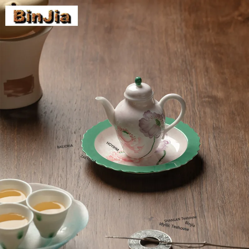 BAEJORIA 120ml Hand Painted Corn Poppy Teapot Aesthetic Tea Infuser Pot Tea Soaking Kettle With Strainer Tea Services Ornaments