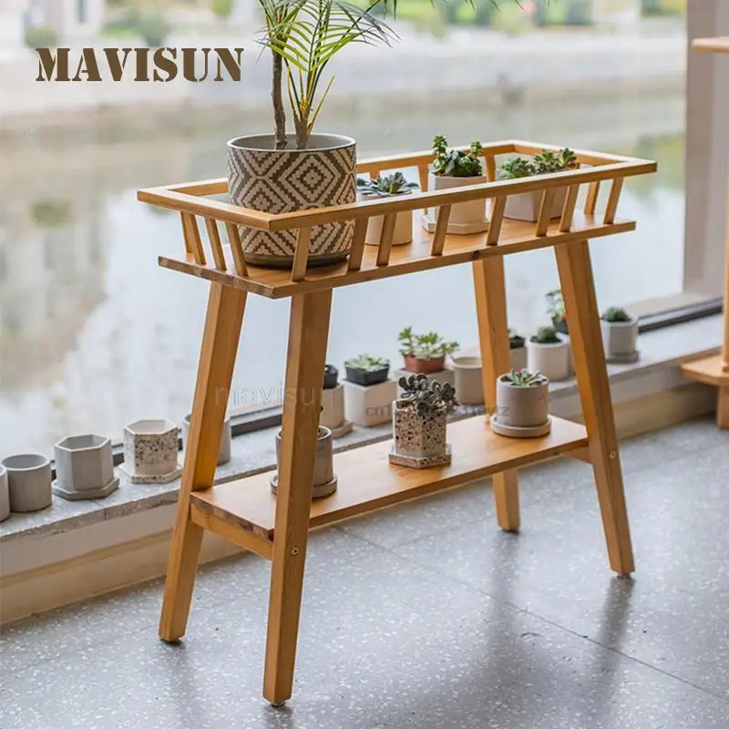 Solid Wood Flower Stand Flower Pot Storage Rack Pine Double Floor Living Room Balcony Bonsai Plant Decoration Rustic Style