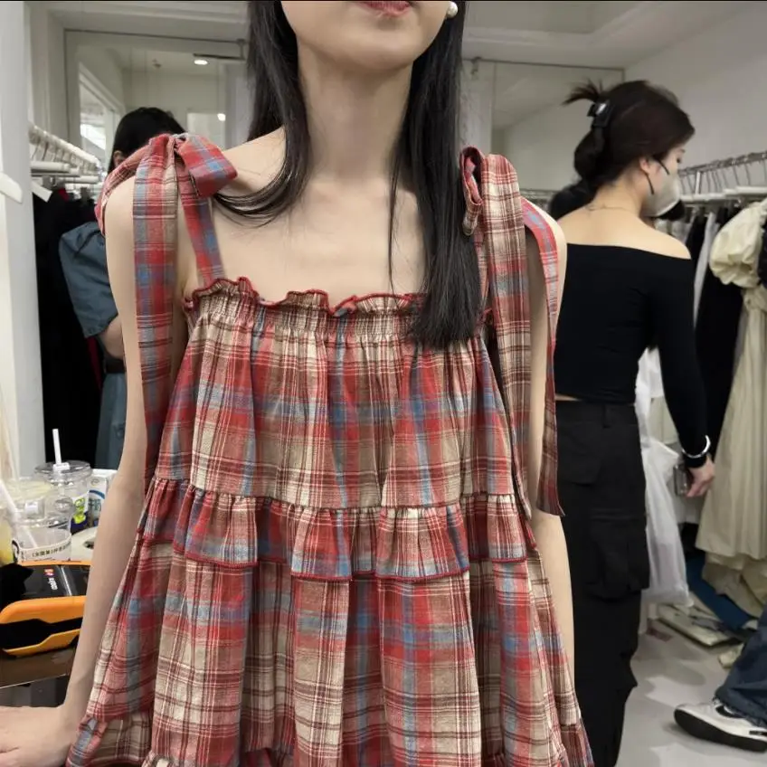 

Summer 2024 Women's Versatile Simple Plaid Strap Banded Top Knot ort Length Tee-acetate Fiber Anti-aging irt
