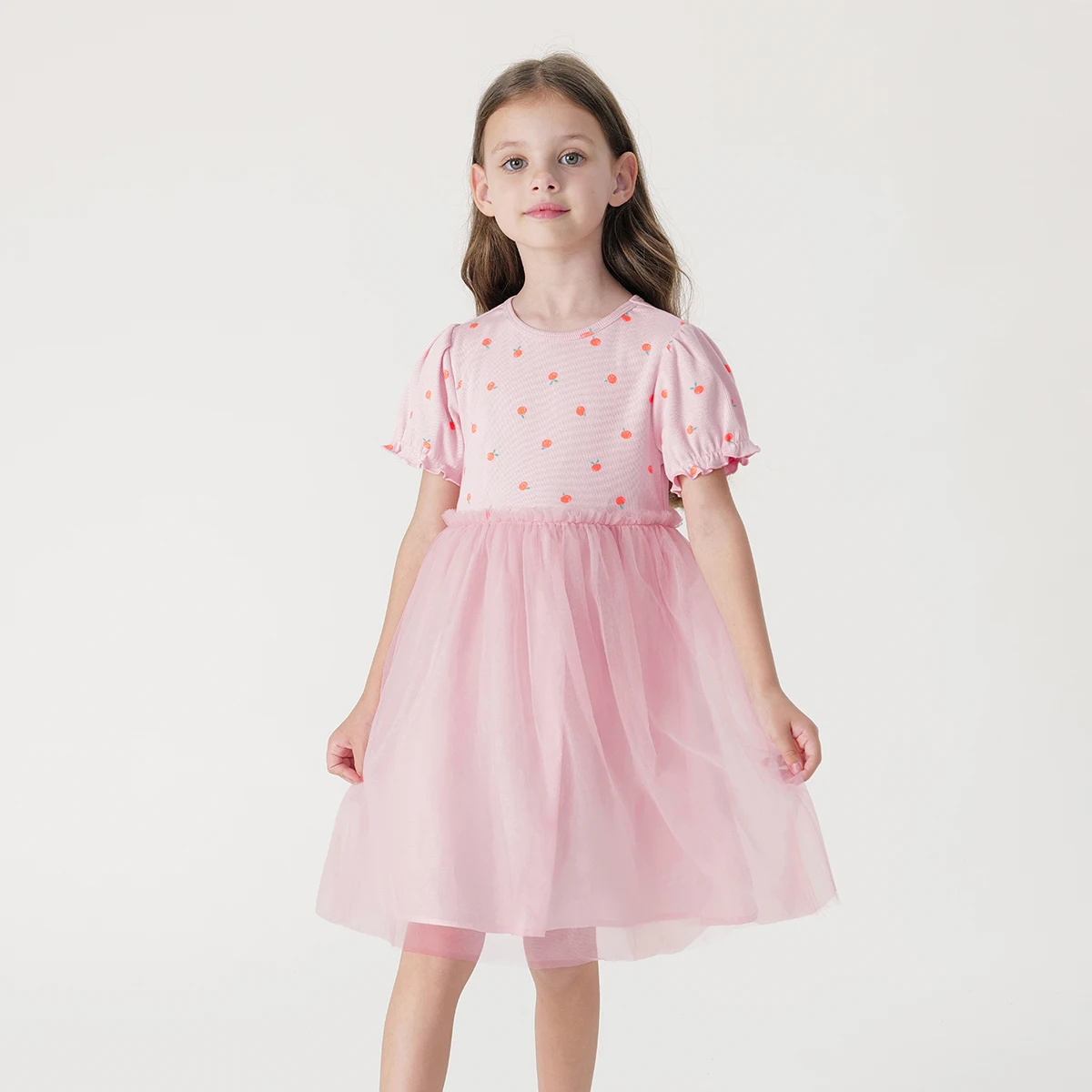 

MARC&JANIE Girls Floral Ribbed Bubble Sleeve Mesh Dress Princess Dresses for Summer 240722