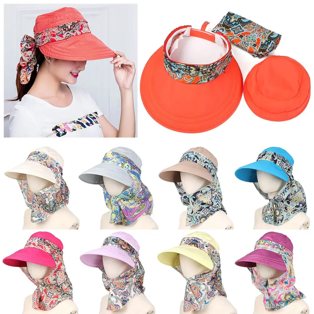 

1Pcs Fashion Women Summer Outdoor Riding Anti-UV Sun Hat Beach Foldable Sunscreen Floral Print Caps Neck Face Wide Brim Hat