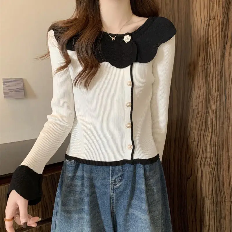 Slim Knitting Short Sweaters Spring Autumn New Long Sleeve Solid Color Button Korean Pullovers Top Fashion Casual Women Clothing