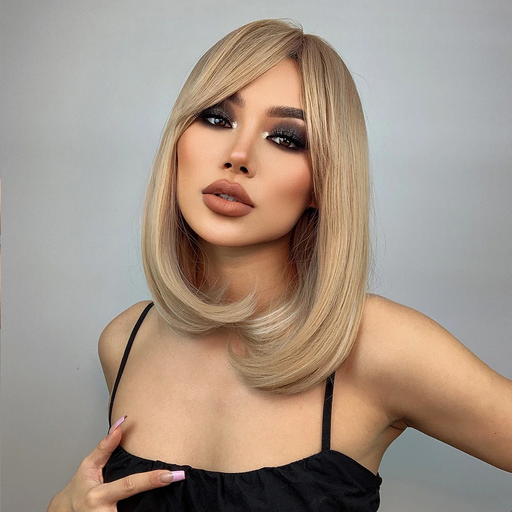 HENRY MARGU Ombre White Blonde Bob Synthetic Wig with Bang Natural Straight Hair Wig for Women Heat Resistant Cosplay Lolita Wig