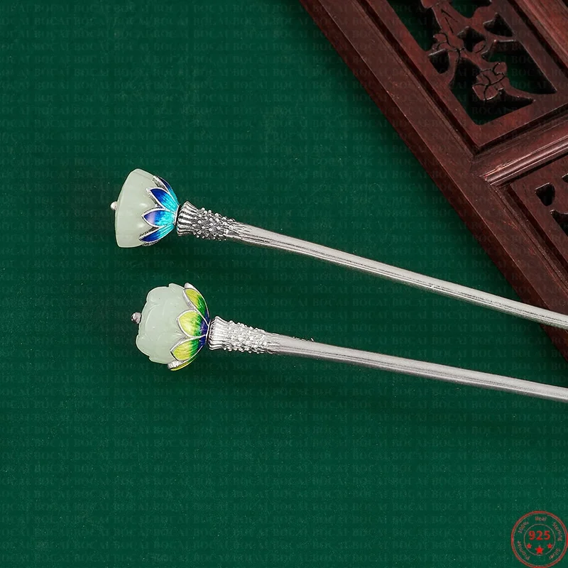 S925 Sterling Silver Hair Sticks for Women Cloisonne Retro Lotus Inlaid Hotan Jade Hair Forks Hairpin Fashion Jewelry Wholesale