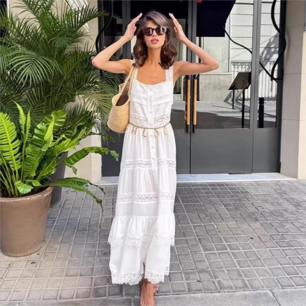 Picture 3: Dresses 2026 Woman Bohemian Lace A-line Dress Casual Evening Dress Vacation Solid Color See Through Lace Patchwork Sleeveless