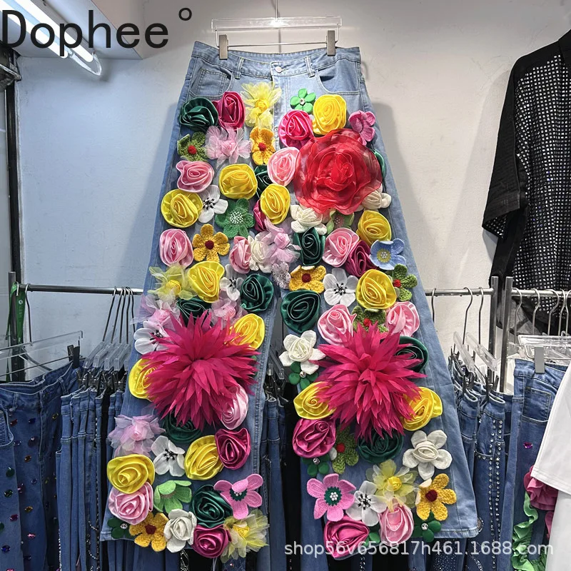 

Высококачественные модные джинсы с объемными цветами для женщин, новые осенние универсальные свободные широкие джинсовые брюки с высокой талией