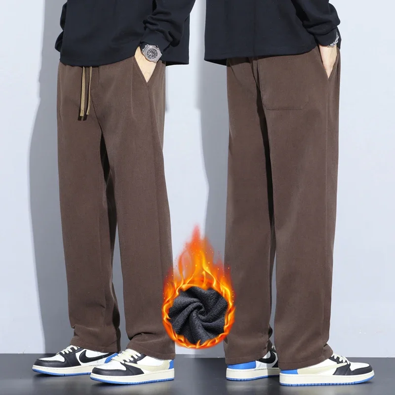 

Coffee Khaki Black Gray Loose Casual Pants Men Winter Fleece Thermal Fashion Trousers Thick Velvet Straight Wide Leg Sweatpants