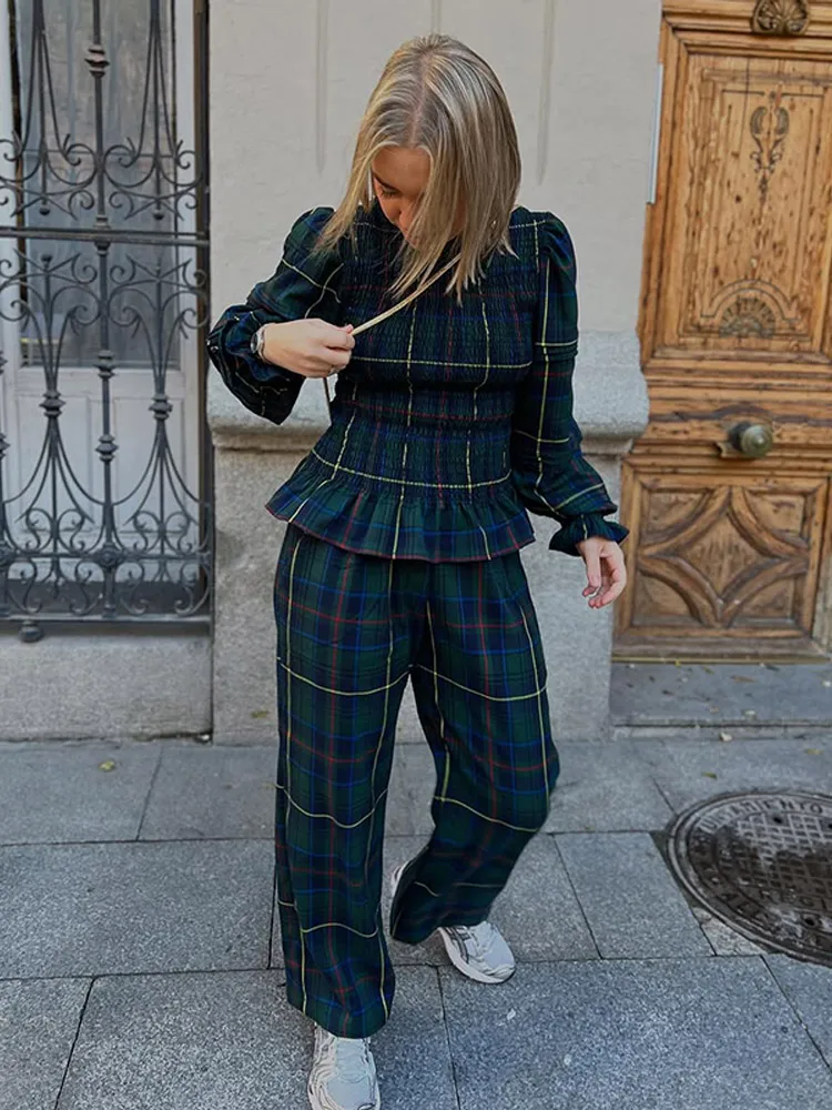 Casual Women Plaids Long Sleeved Shirt Pants Sets Retro O-neck Elastic Folds Top Trousers Suit 2025 New Lady High Streetwear