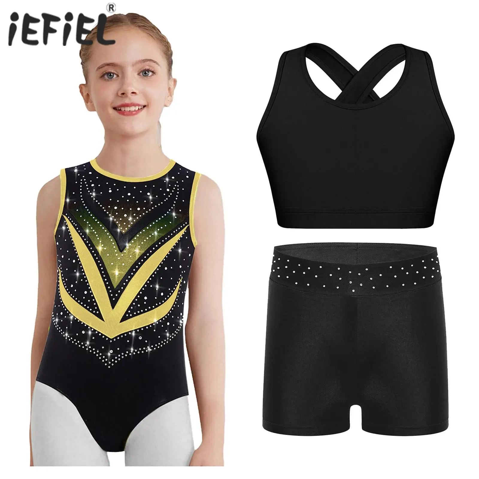 Set da ginnastica per balletto, sport, yoga, allenamento, per bambini, ragazze, senza maniche, incrociato sul retro, con strass e pantaloncini