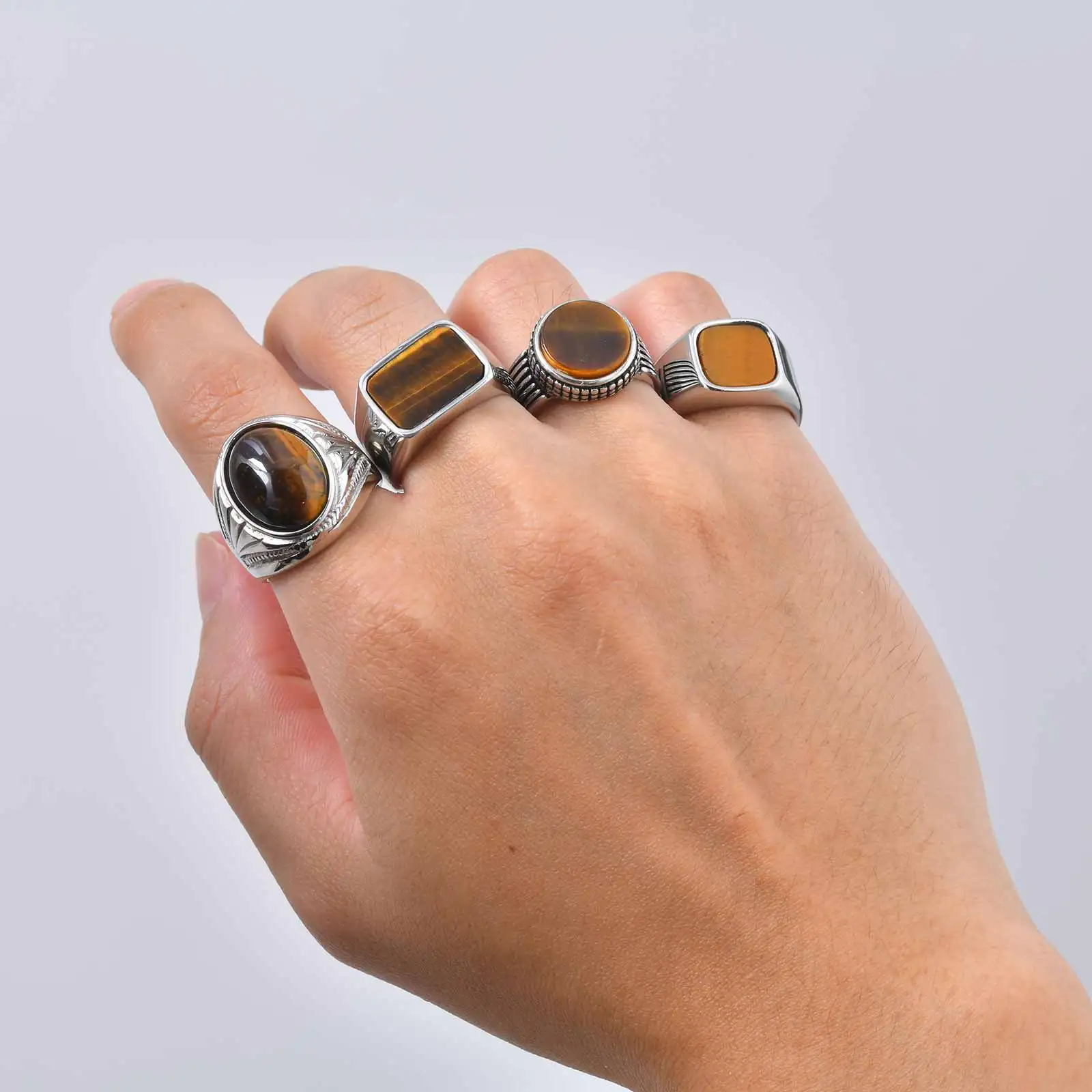 Vnox Herren-Siegelring aus Edelstahl, Fingerring mit natürlichem Tigerauge-Stein, Vintage-Statement-Schmuck, Geschenk für Freund, Vater – Detail 4