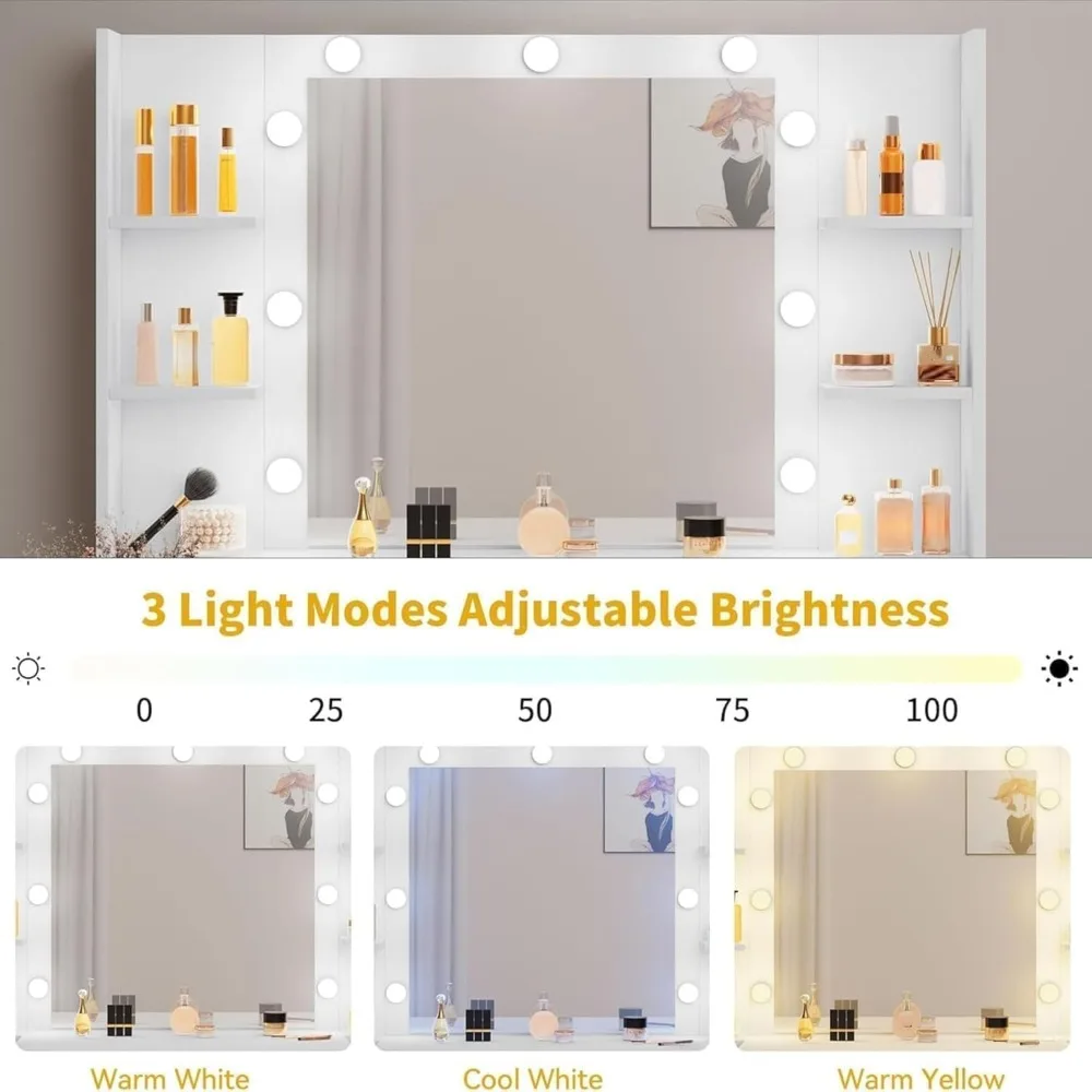 Dressing Table with Large Mirror and LED Light, Makeup Dressing Table with Power Socket, Comfortable Stool and Storage Drawer