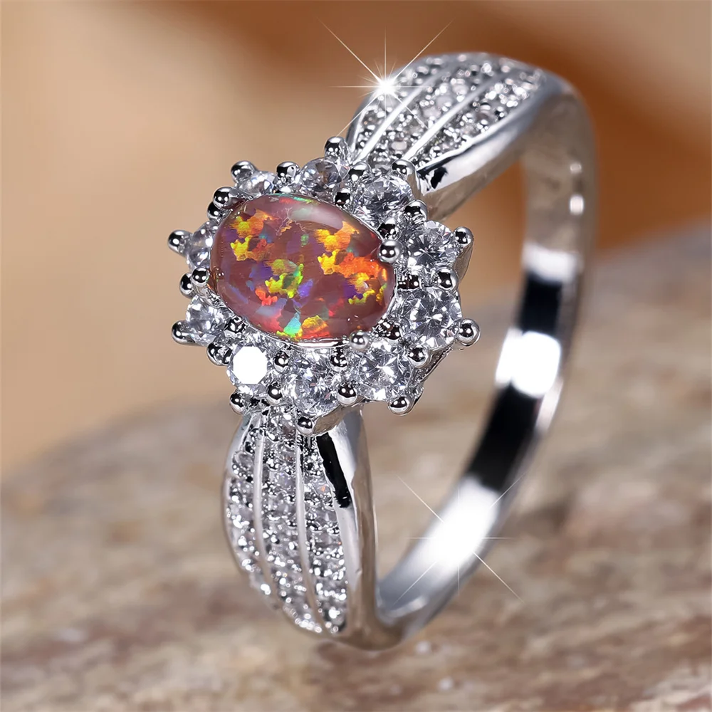 Red Opal Oval Stone Sun Flower Rings For Women Vintage Silver Color White Zircon Wedding Bands Birthstone Jewelry Gifts