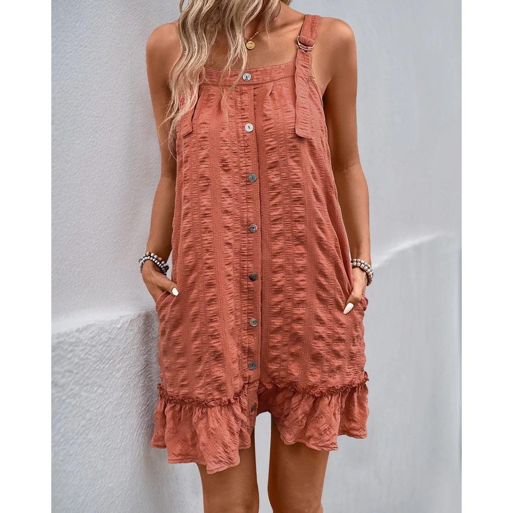 

Wide Strap Button Ruffles Hem Mini Party Dress Open Back Summer Solid Dress
