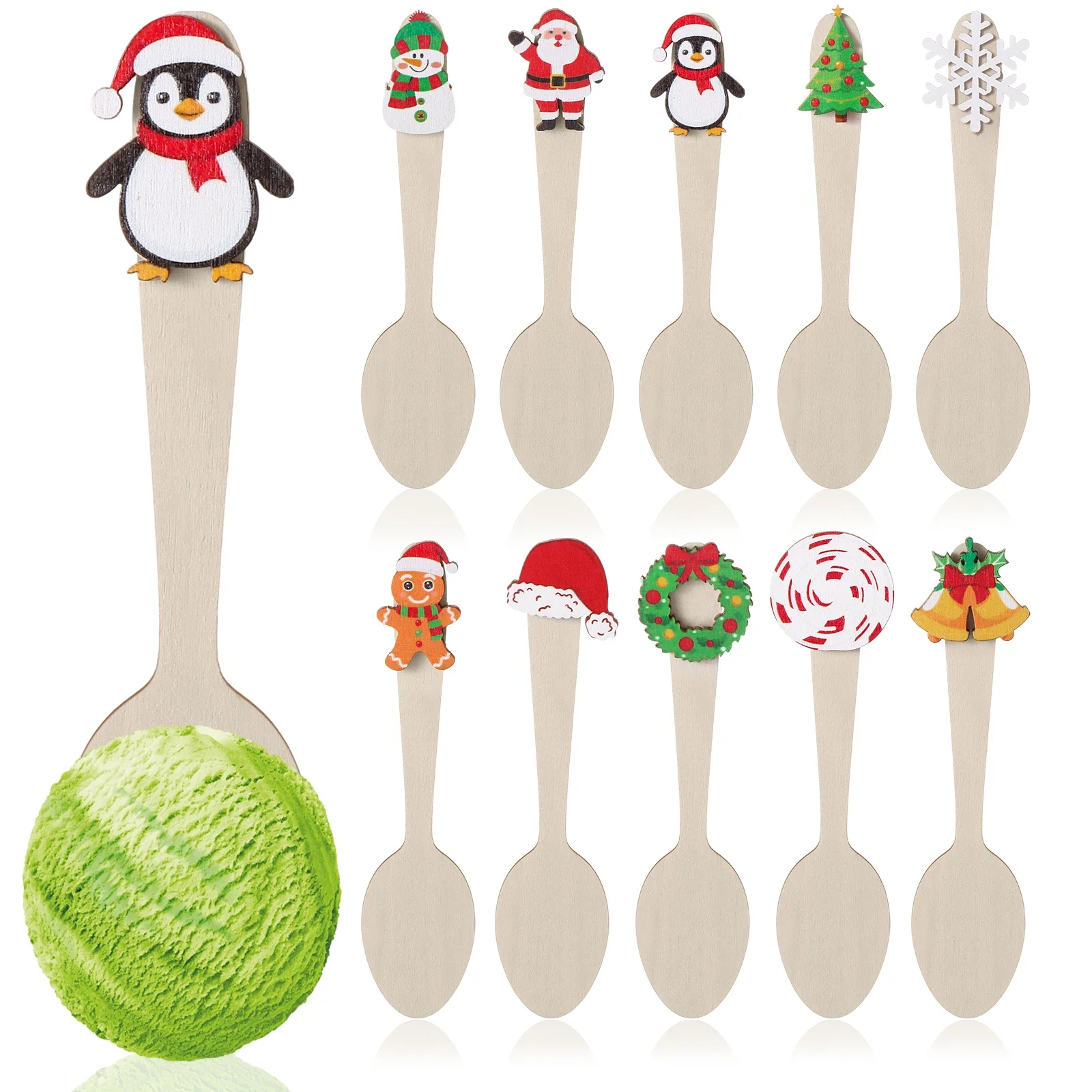 50Pcs Christmas Wooden Spoons Set Hot Cocoa Stirring Spoons Snowflake Gingerbread Man Snowman Candy Cane Spoon For Winter Tasti