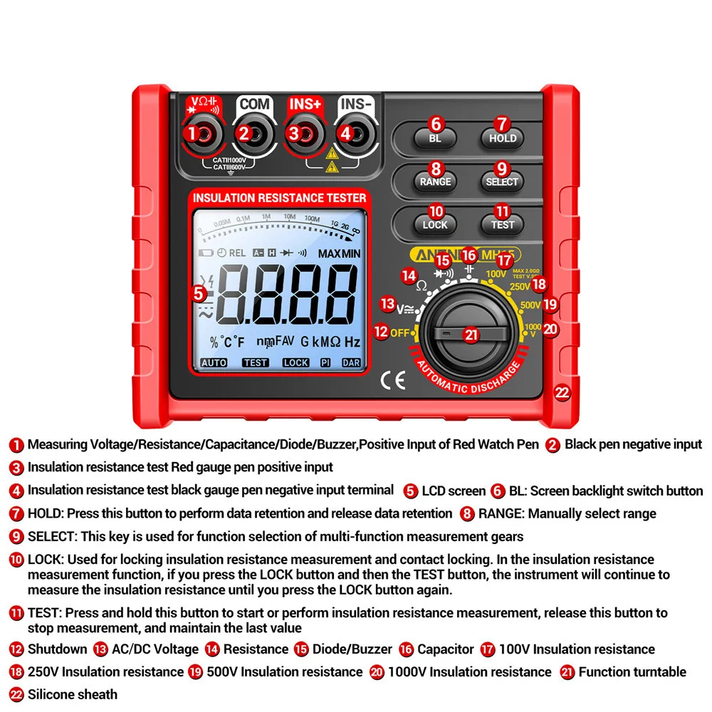 MH15 Insulation Resistance Tester Digital Megohmmeter AC/DC Voltage 0-750V/1000V Capacitance 0-60mF High Accuracy Multimeter