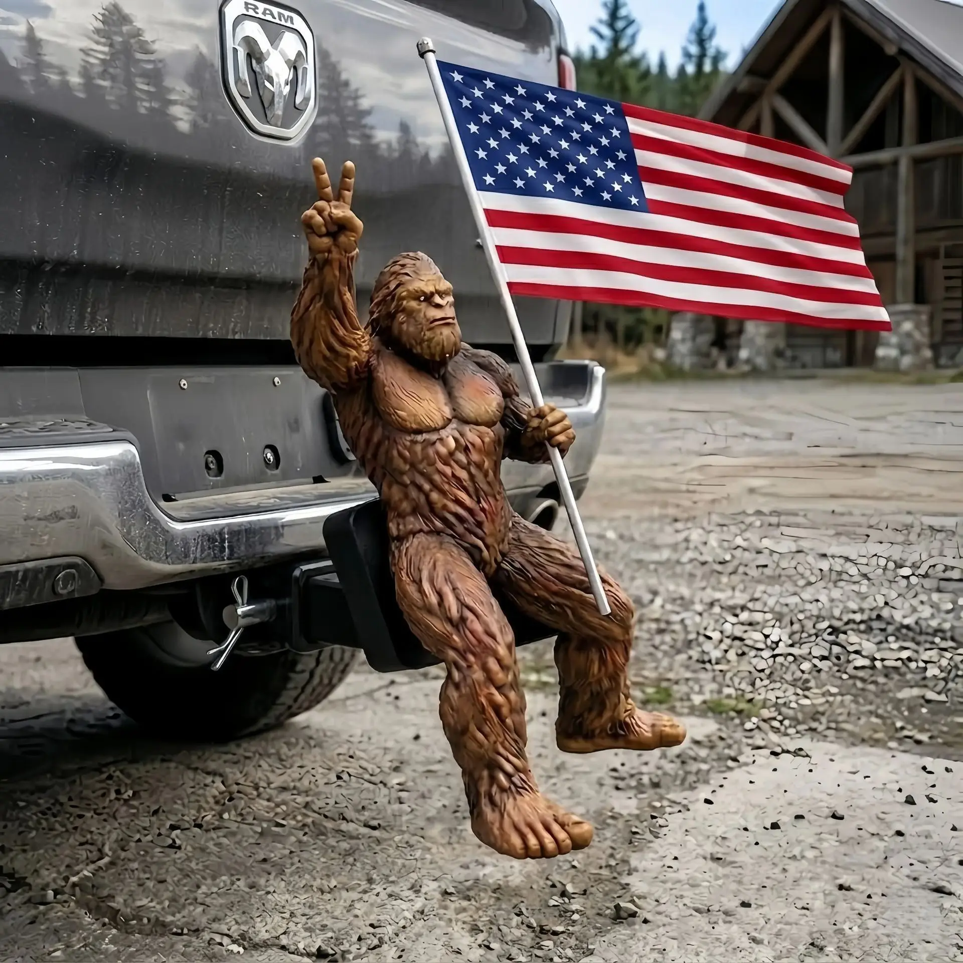 Patriotic Bigfoot Trailer Hitch Cover, Funny Sasquatch with American Flag Peace Sign Car Hitch Ornament for Truck SUV