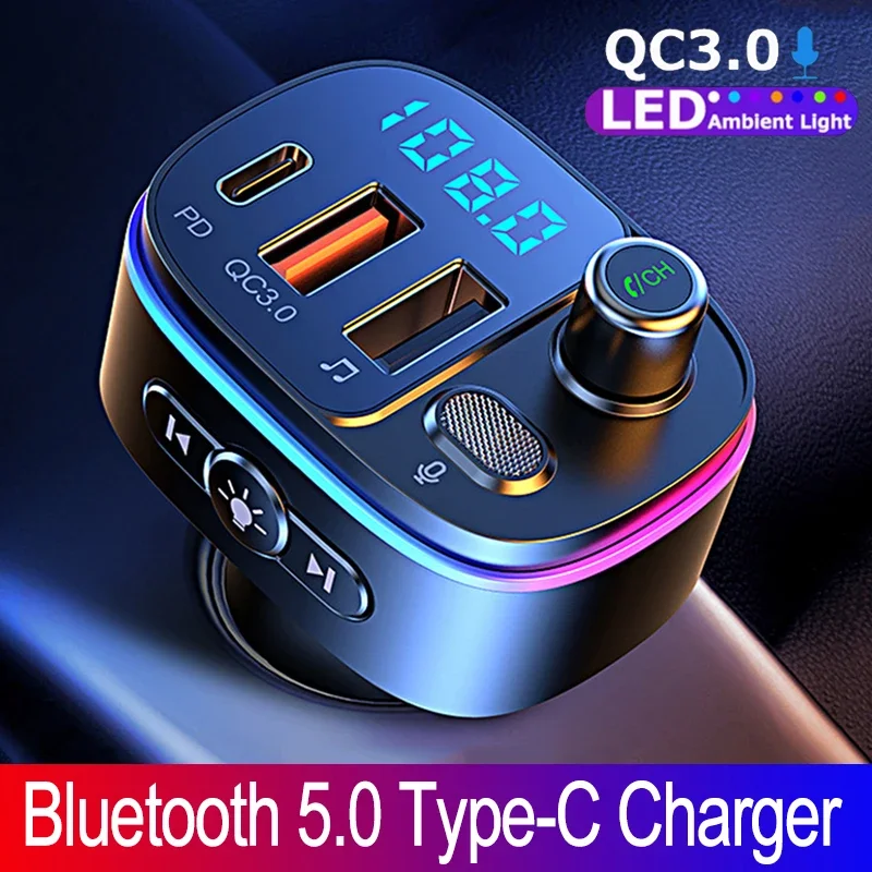 JINSERTA Car Bluetooth5.0 FM Transmitter Type-C and QC3.0 Dual USB Charger 7-color Atmosphere Light Mp3 Player Lossless Music