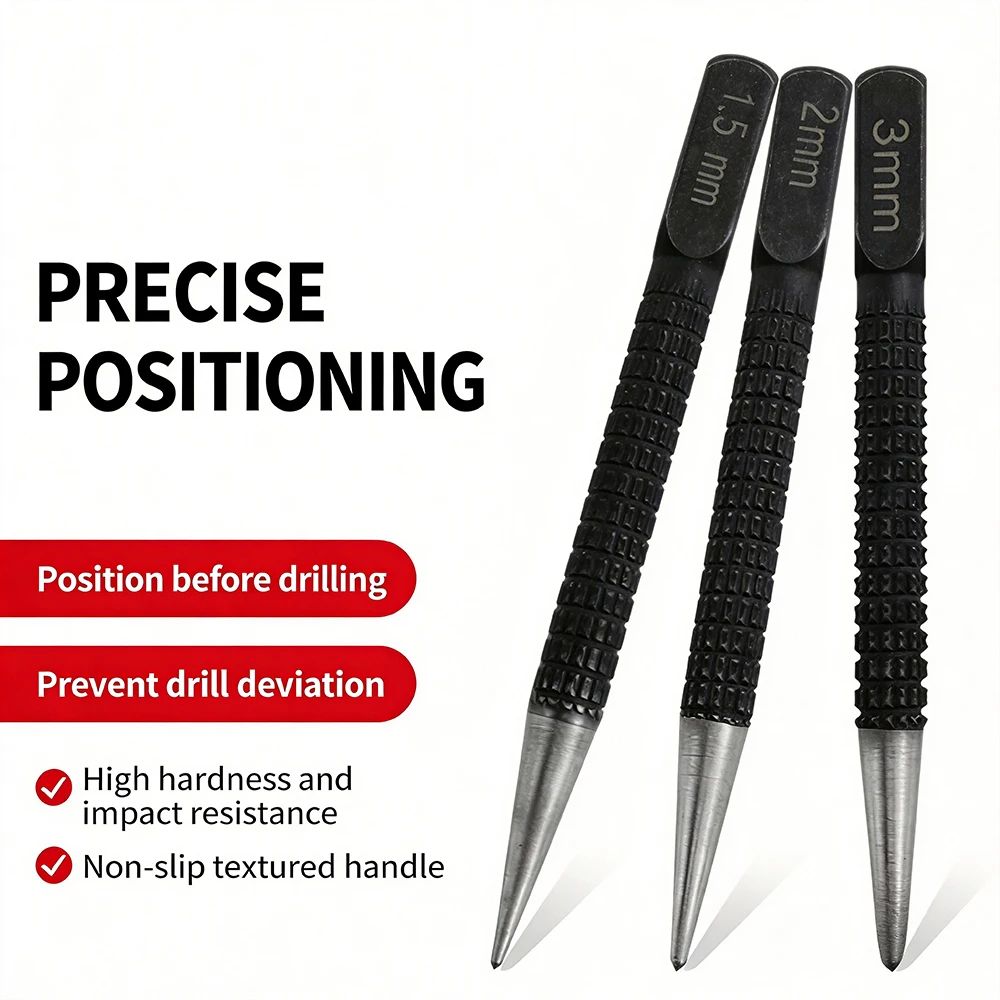 1.5/2/3mm Manual Center Punch High Hardness Drilling Positioning Marker Anti-slip Metal Locating Tool for Steel Wood Stone